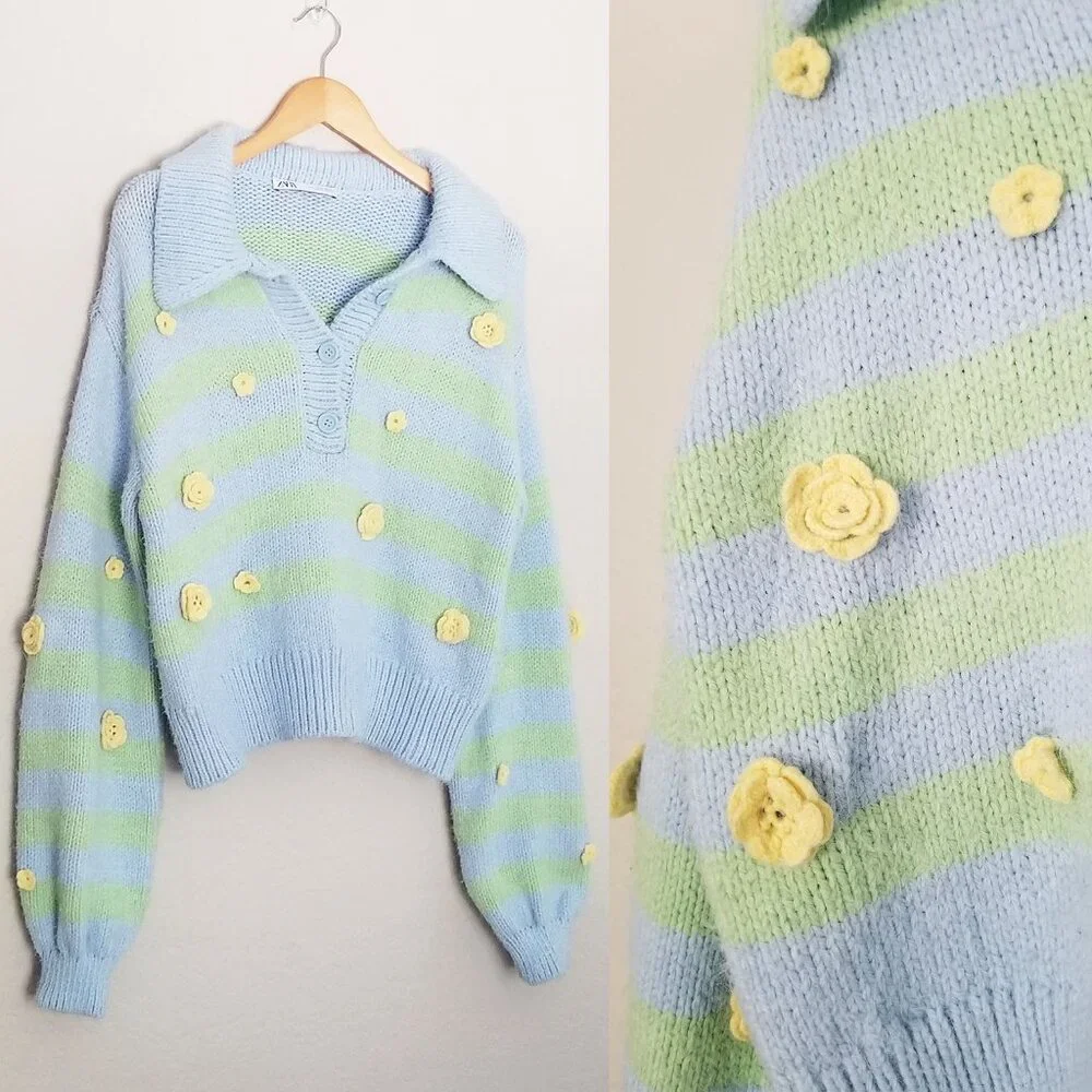 Zara Crochet 3D Floral Embroidered Striped Polo Collared Sweater L Blue Fairy - Picture 11 of 16